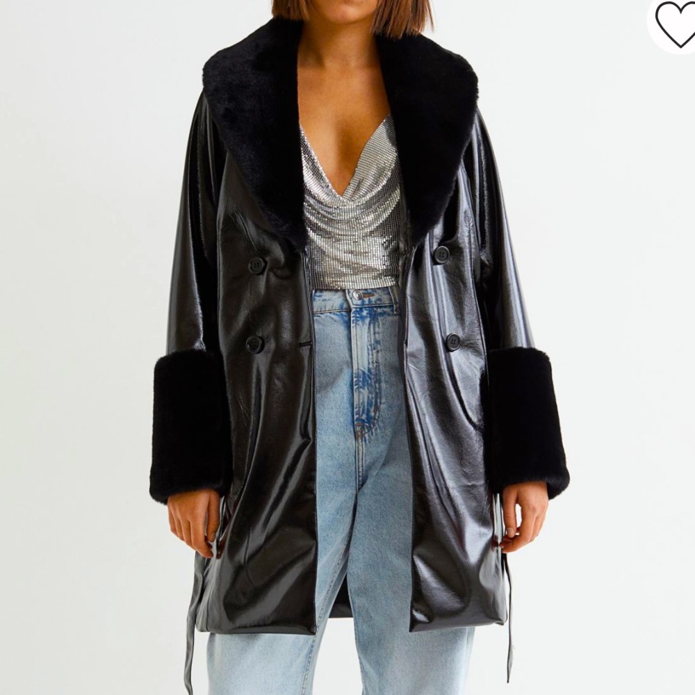 H&M Divided Faux Fur trim Patent Coat goth vintage Halloween size Large